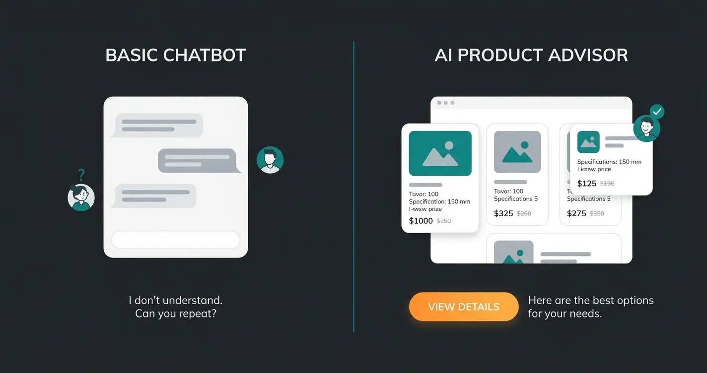 Comparison between standard chatbot with generic responses and AI product consultation with personalized recommendations in Shopware