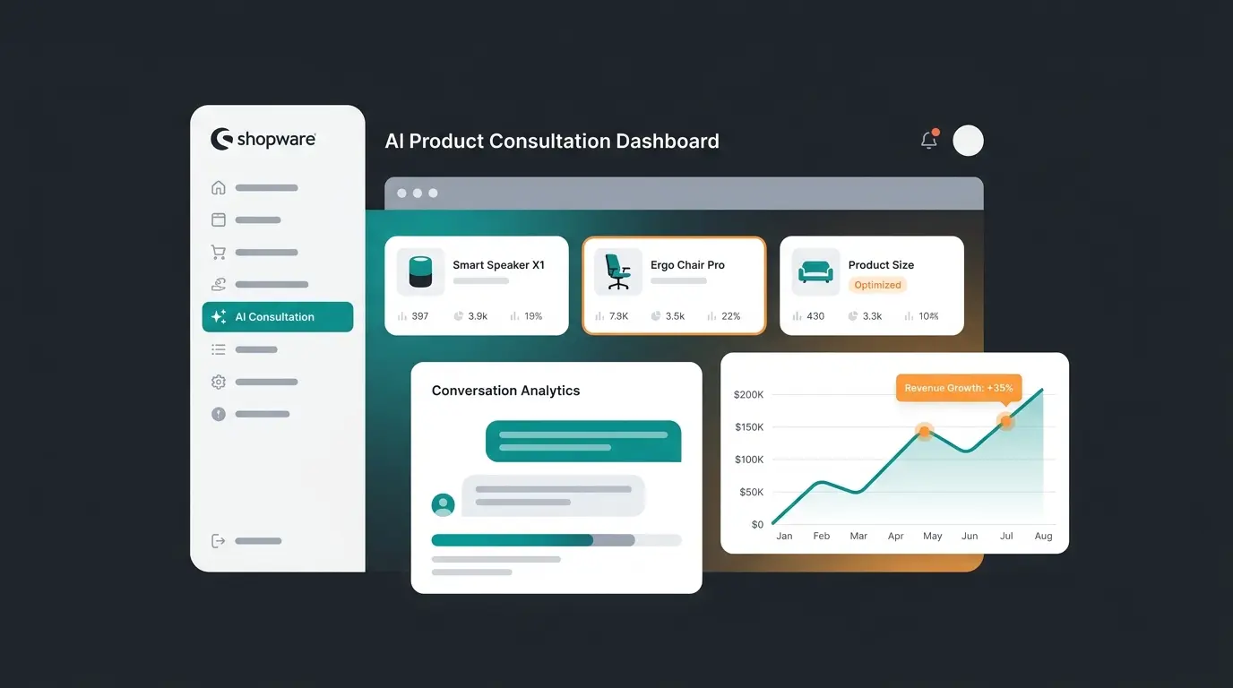 AI product consultation dashboard integrated into Shopware 6 administration showing conversation analytics and revenue metrics