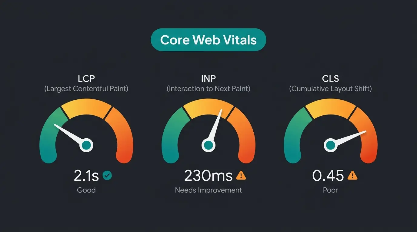 Core Web Vitals Metriken als Gauge-Diagramme mit Schwellenwerten