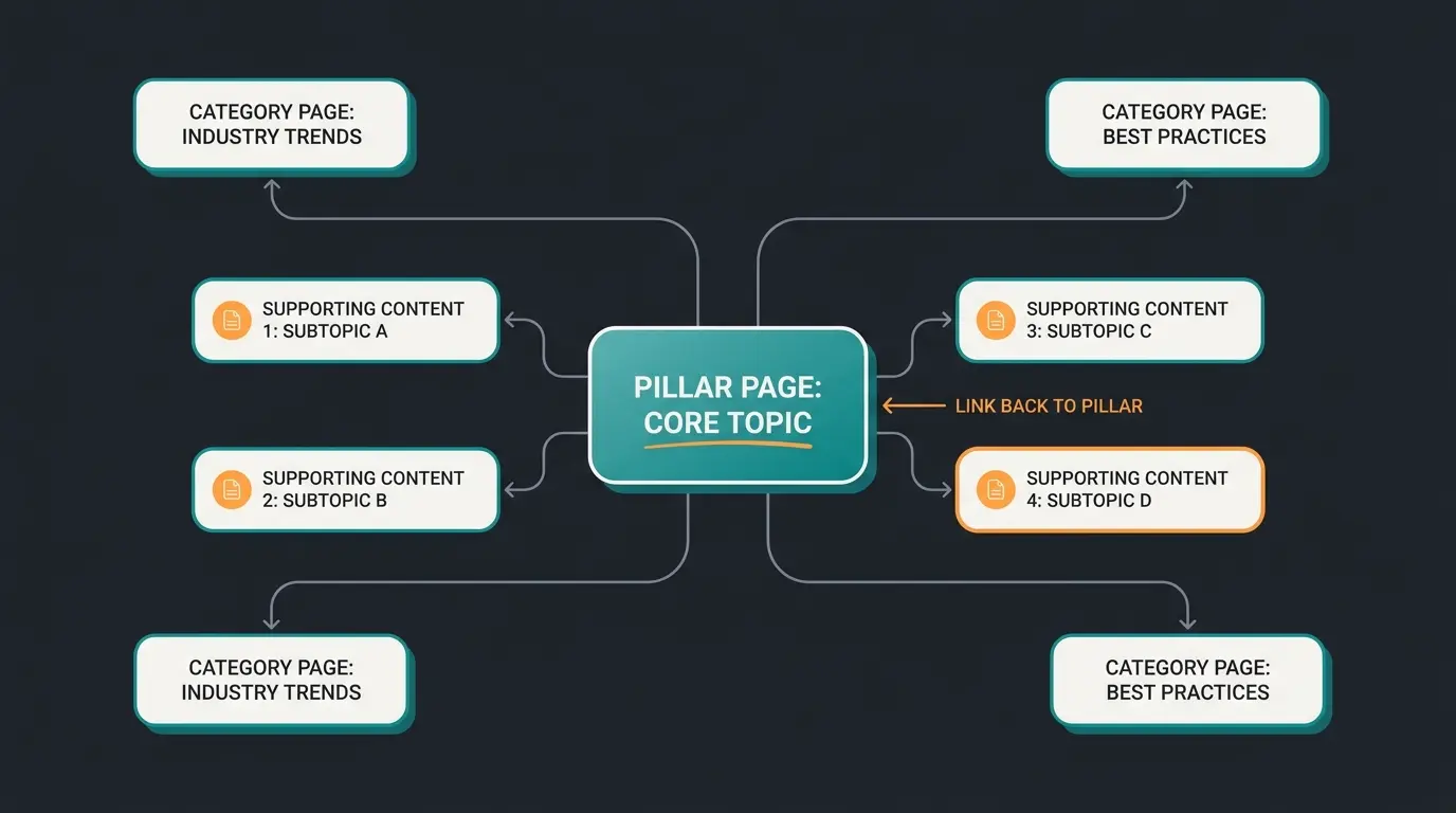 Topic-Cluster Content-Strategie Diagramm mit Pillar und Supporting Content