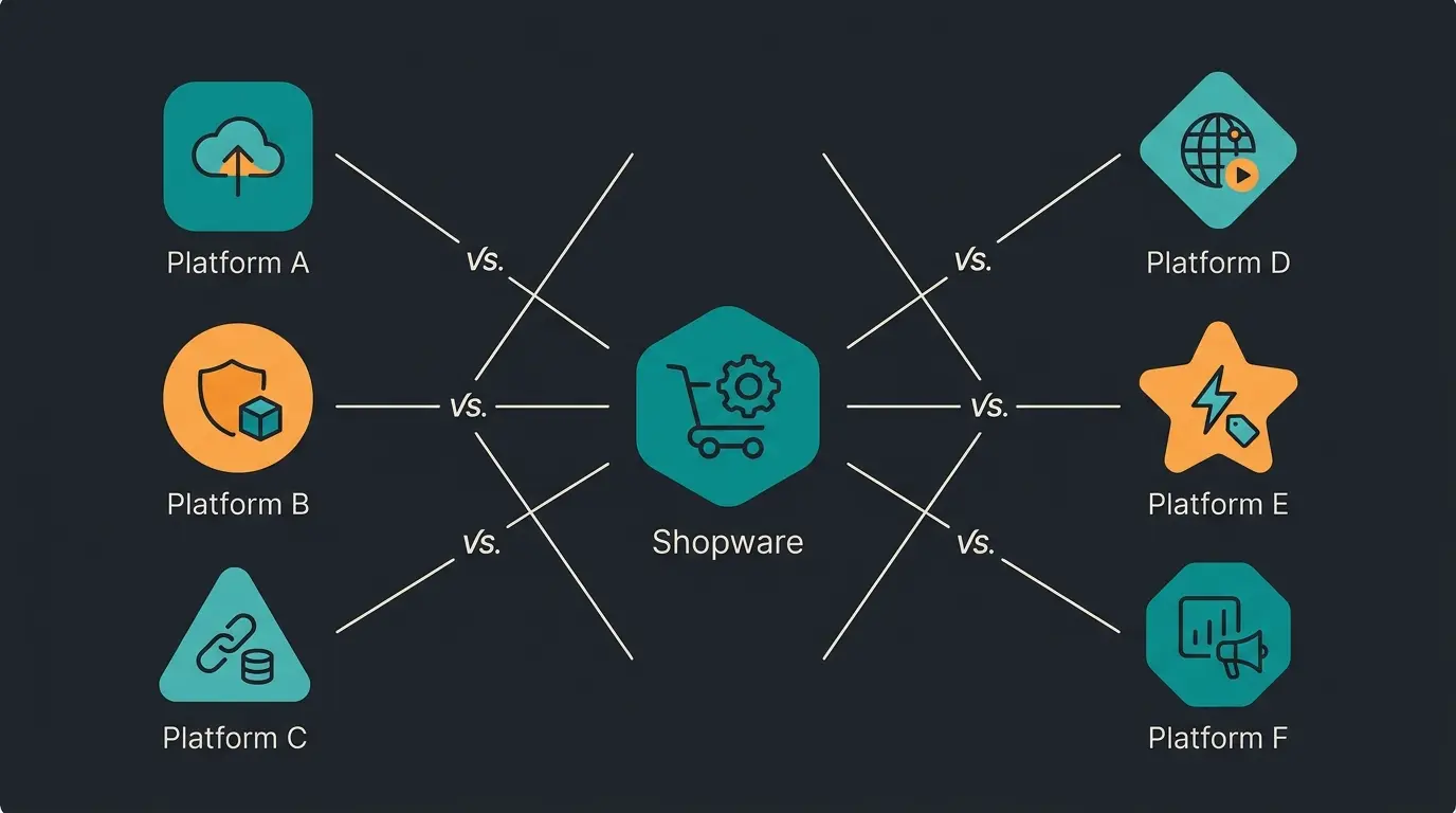 Vergleich der Shopware Community Edition mit sechs Alternativen: Shopify, WooCommerce, JTL, OXID, PrestaShop und Spryker
