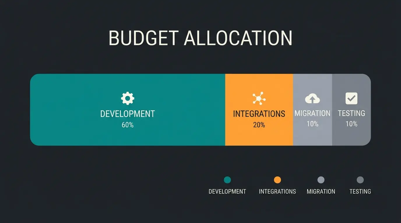 Shopware project budget allocation showing development, integration, migration, and testing cost percentages
