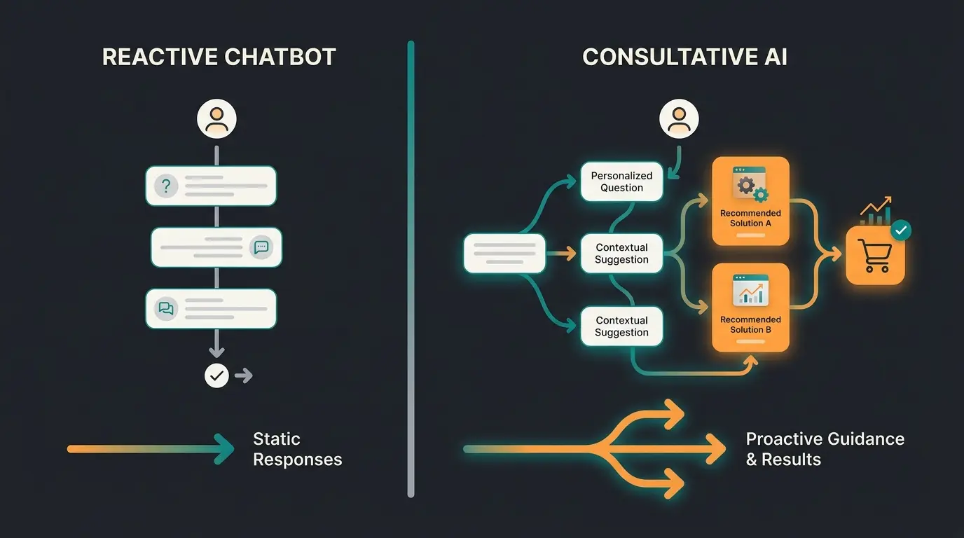 Visual comparison of reactive support bot conversation versus proactive consultative AI product recommendation flow