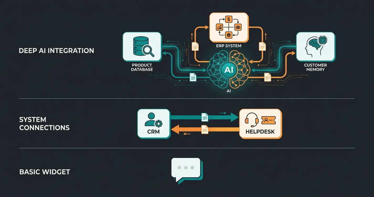 Diagram showing three levels of chatbot integration from simple widget to full PIM and ERP system connection