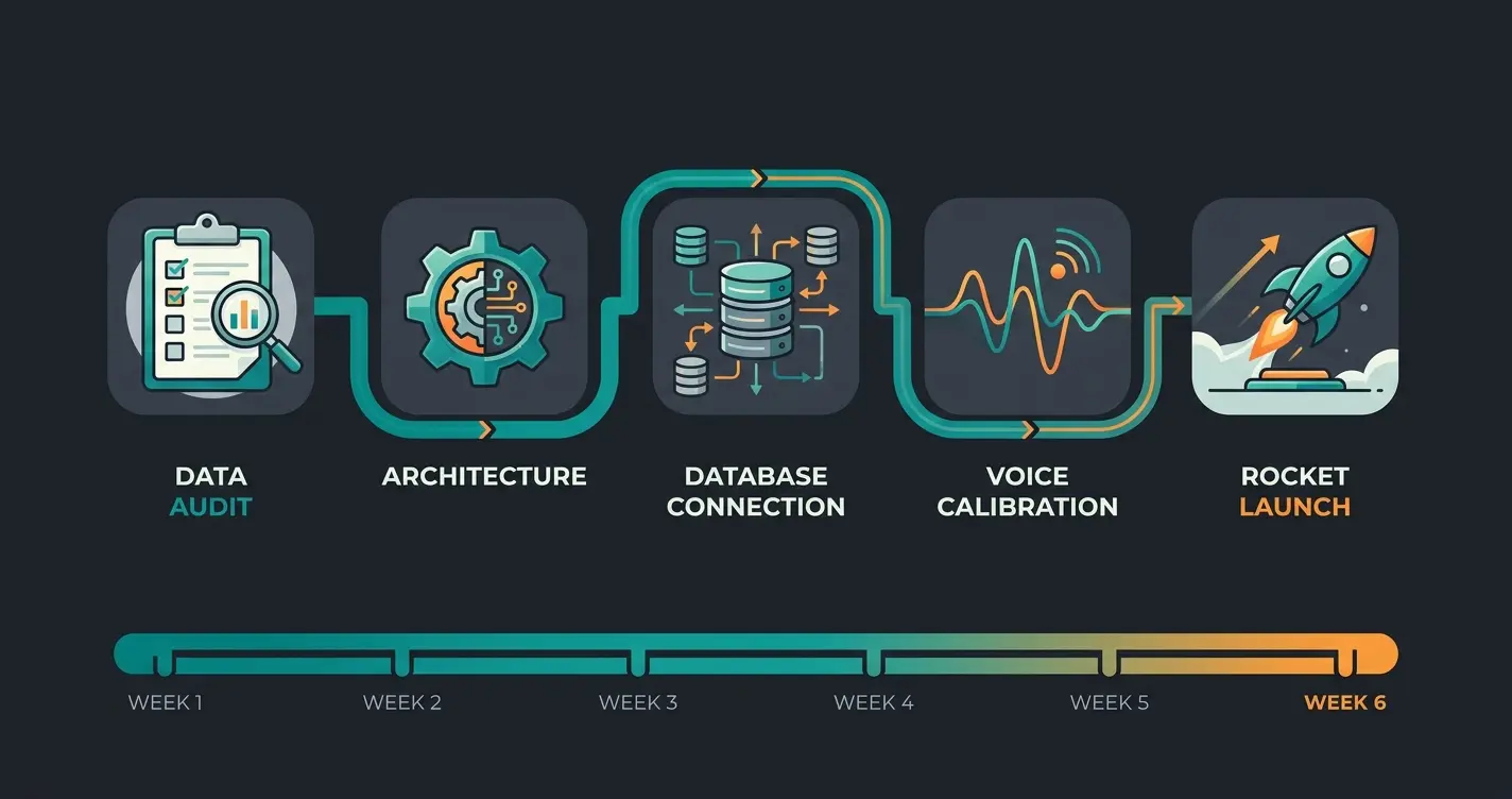 Five-phase chatbot integration timeline from data audit to staged rollout over 6 weeks