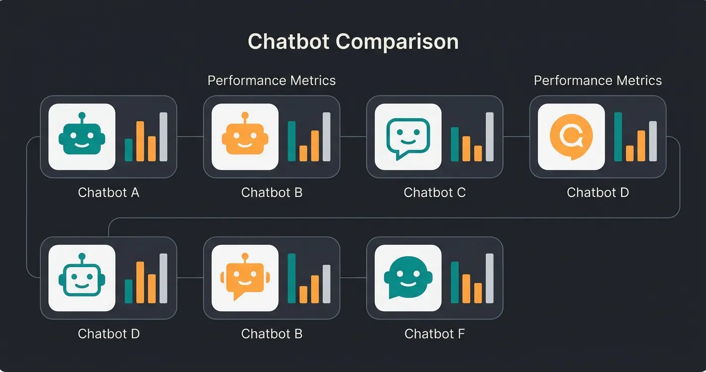 Comparison dashboard of 7 WordPress chatbot plugins with performance metrics