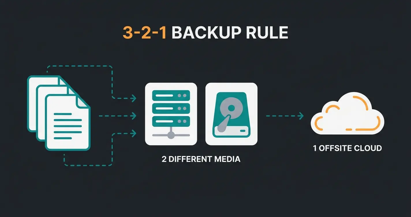 3-2-1 Backup-Regel visualisiert: 3 Kopien, 2 Medien, 1 Offsite-Standort
