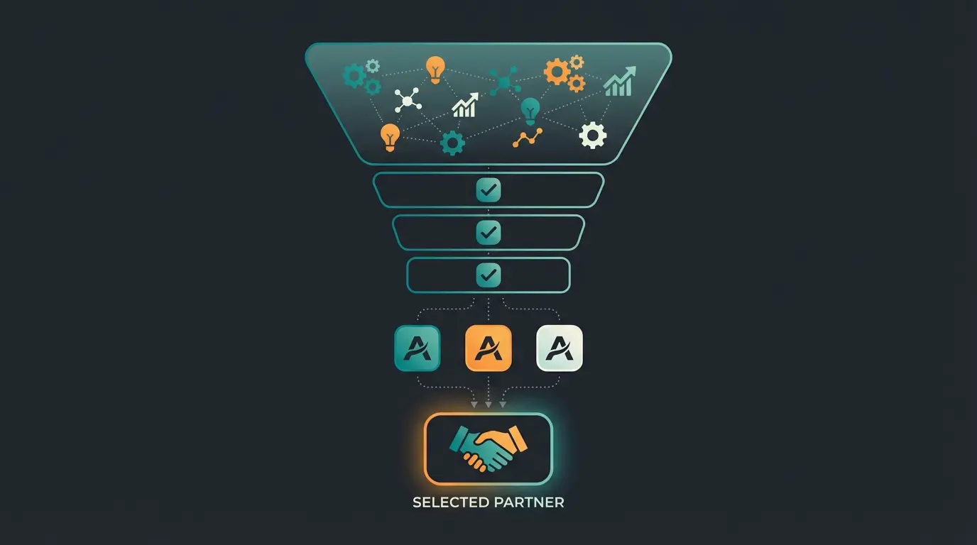 Agency selection funnel showing systematic narrowing from longlist through evaluation stages to final partner selection