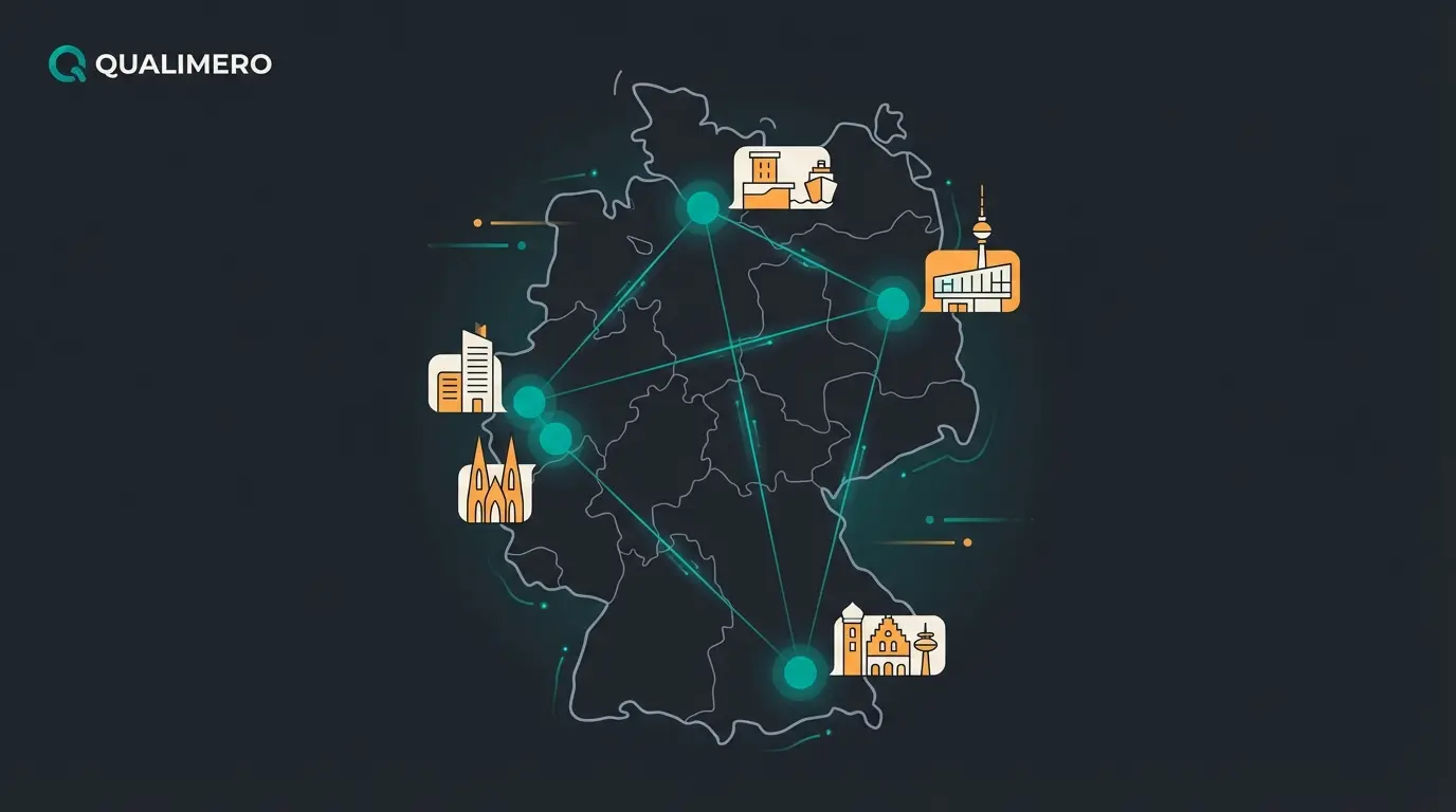 Karte der wichtigsten Shopware Agentur Standorte in Deutschland: Berlin, Hamburg, München, Köln und Düsseldorf