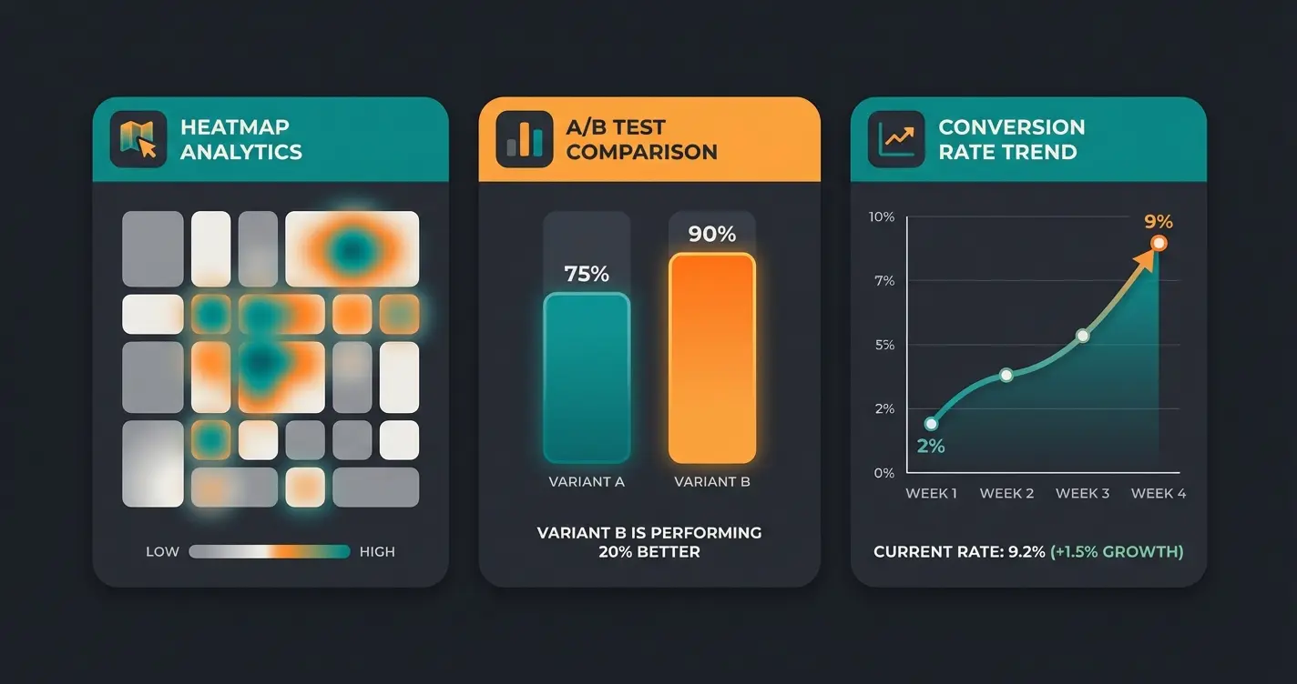 CRO analytics dashboard showing heatmap visualization, A/B test results, and conversion rate trends for ecommerce optimization