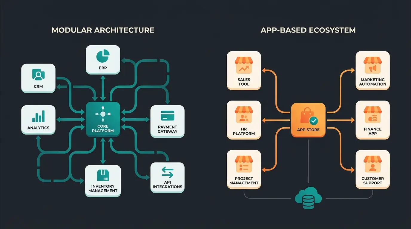 B2B architecture comparison showing Shopware modular components versus Shopify app-based ecosystem