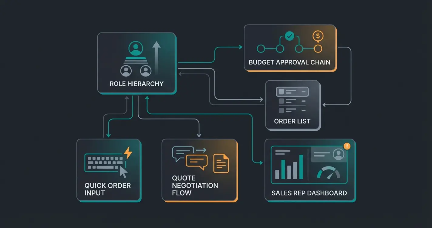 Shopware B2B Suite module overview showing role management, budget control, order lists, quote management, and sales rep tools