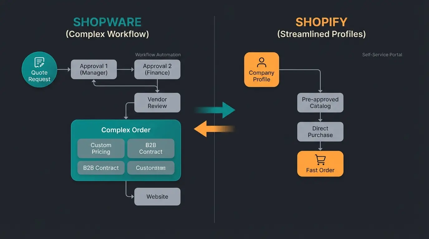 B2B Funktionen Vergleich Shopify und Shopware 2025