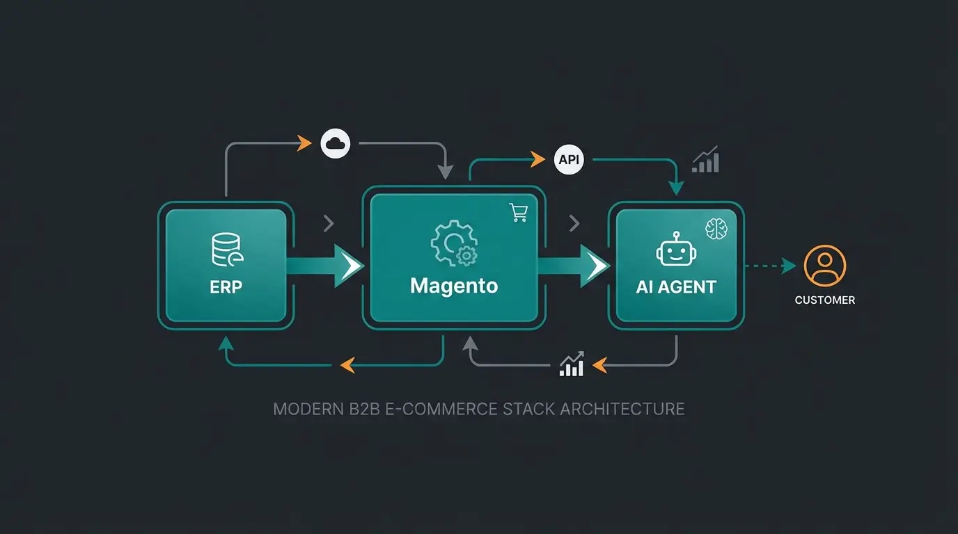 Modern B2B tech stack showing Magento backend, Hyvä frontend, ERP integration, and AI intelligence layer
