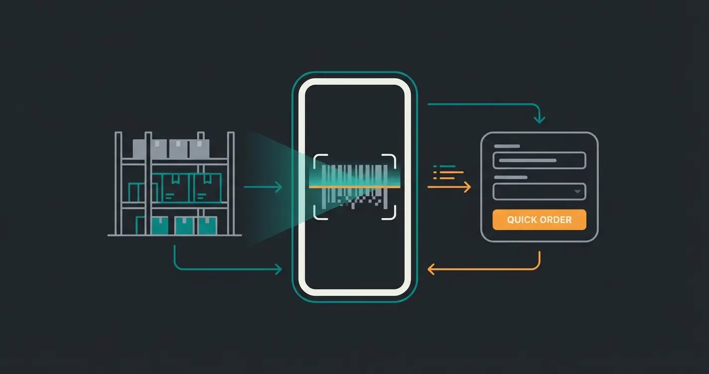 Mobile warehouse worker using Shopware quick order with barcode scanner functionality
