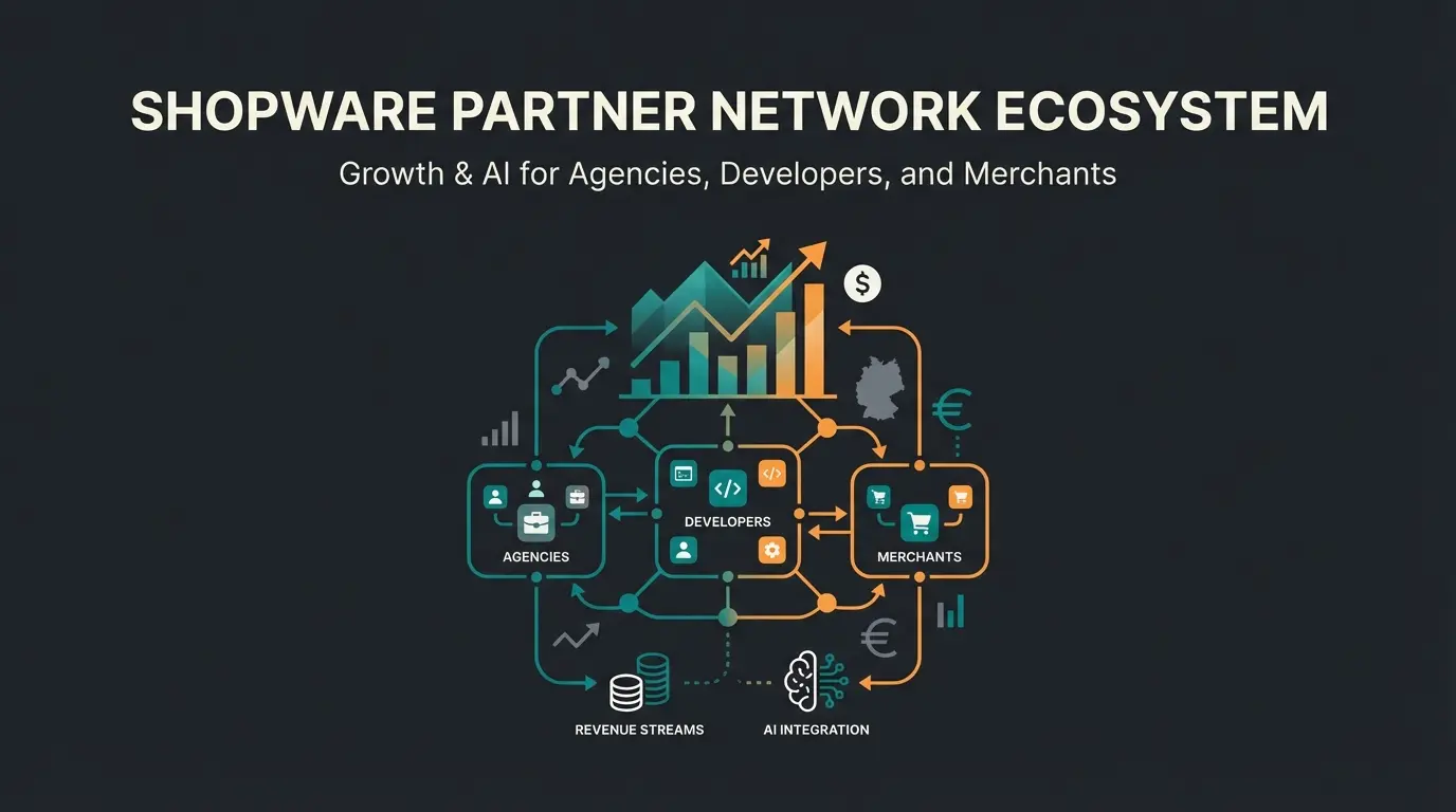Shopify Partner ecosystem illustration showing revenue streams and AI integration for German market