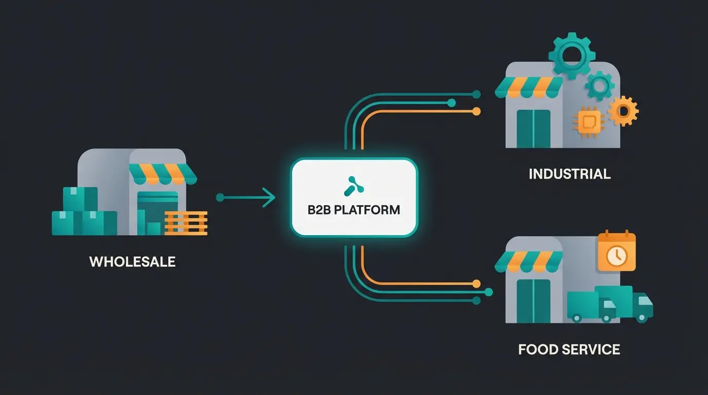 Three B2B industry examples: wholesale distribution, industrial supply, and food service with their unique store requirements