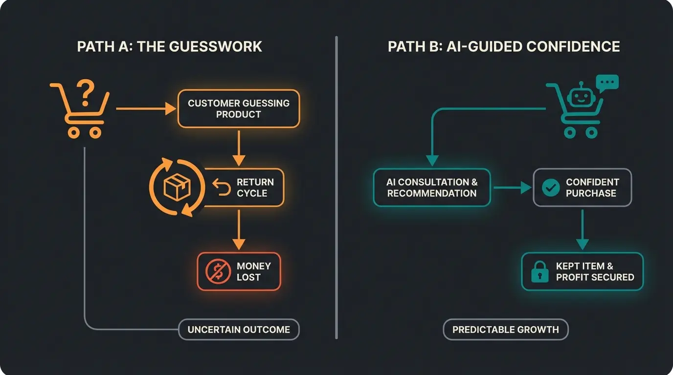 Vergleich zwischen klassischem Kaufprozess mit hohen Retouren und KI-gestützter Beratung