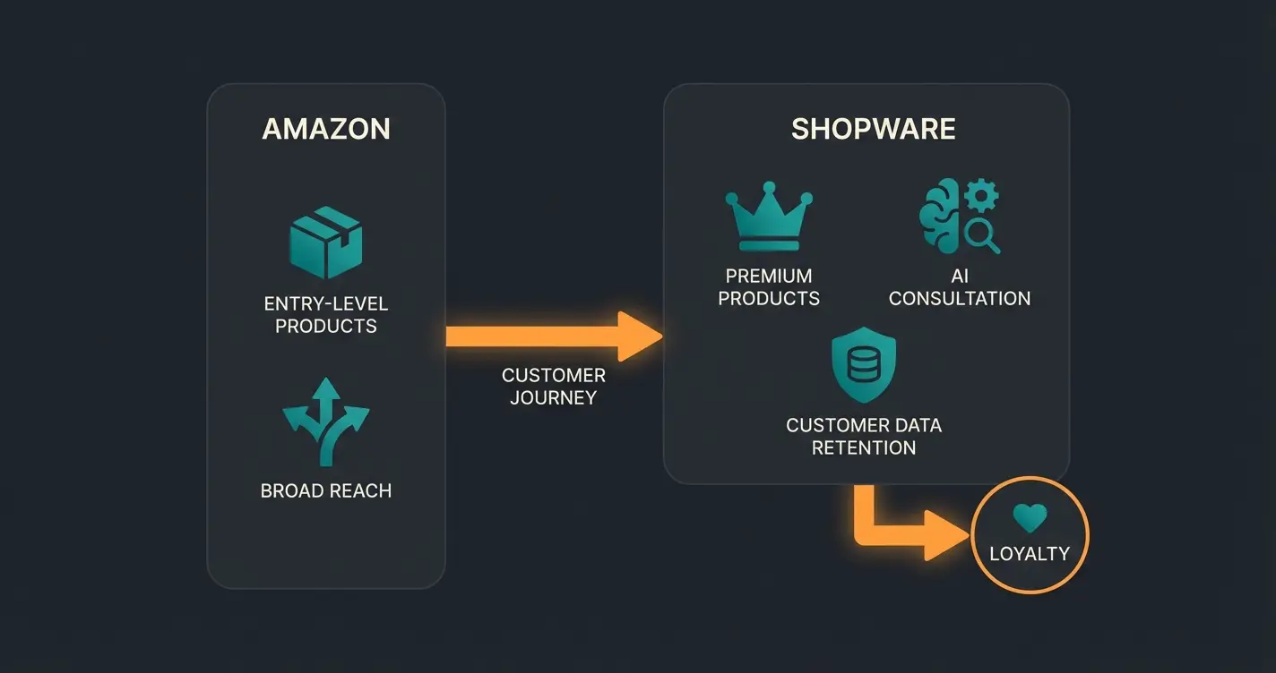 Infographic showing selective product listing strategy across Amazon and Shopware