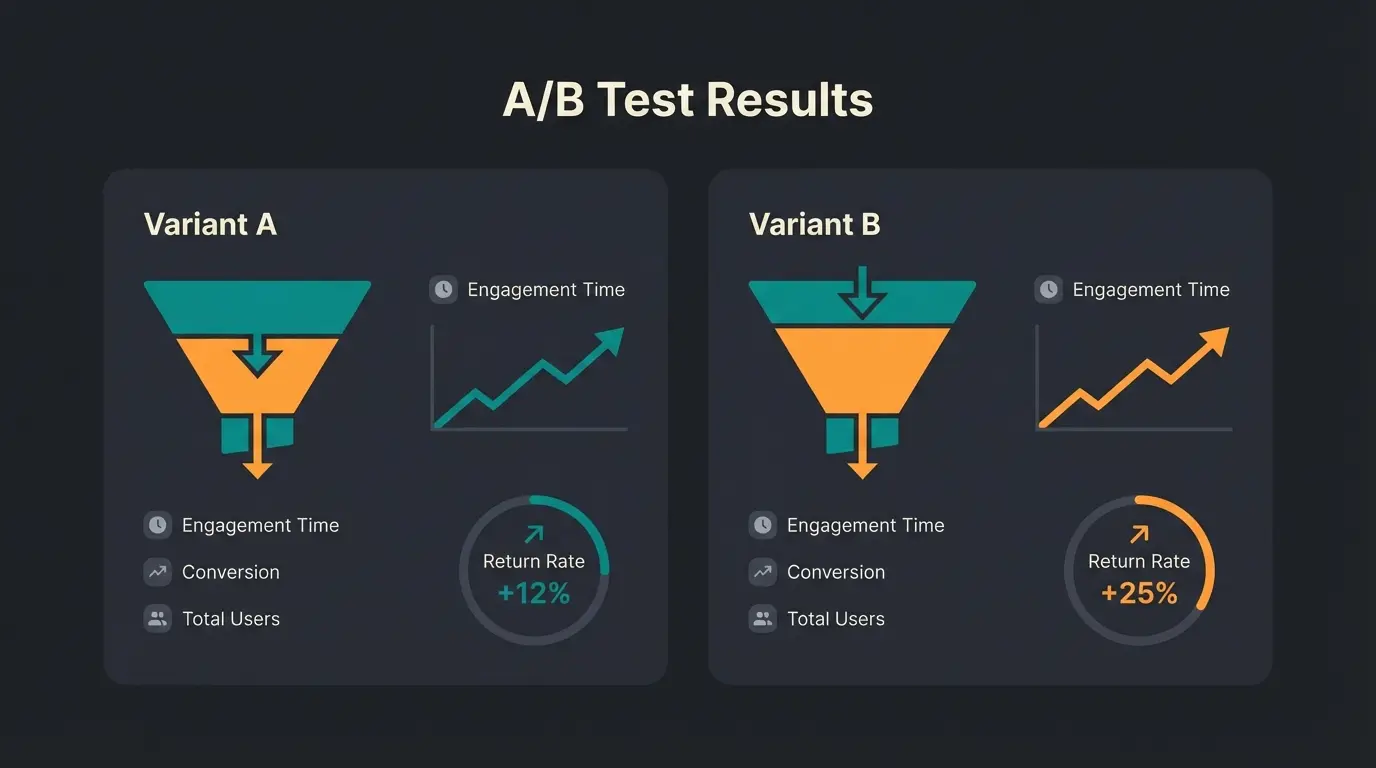 Dashboard visualization showing A/B test KPIs and conversion metrics