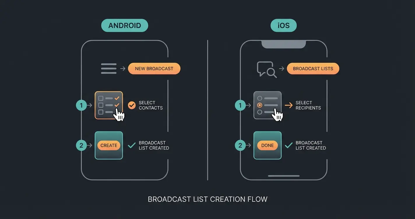 Step-by-step visual guide for creating WhatsApp broadcast on Android and iOS