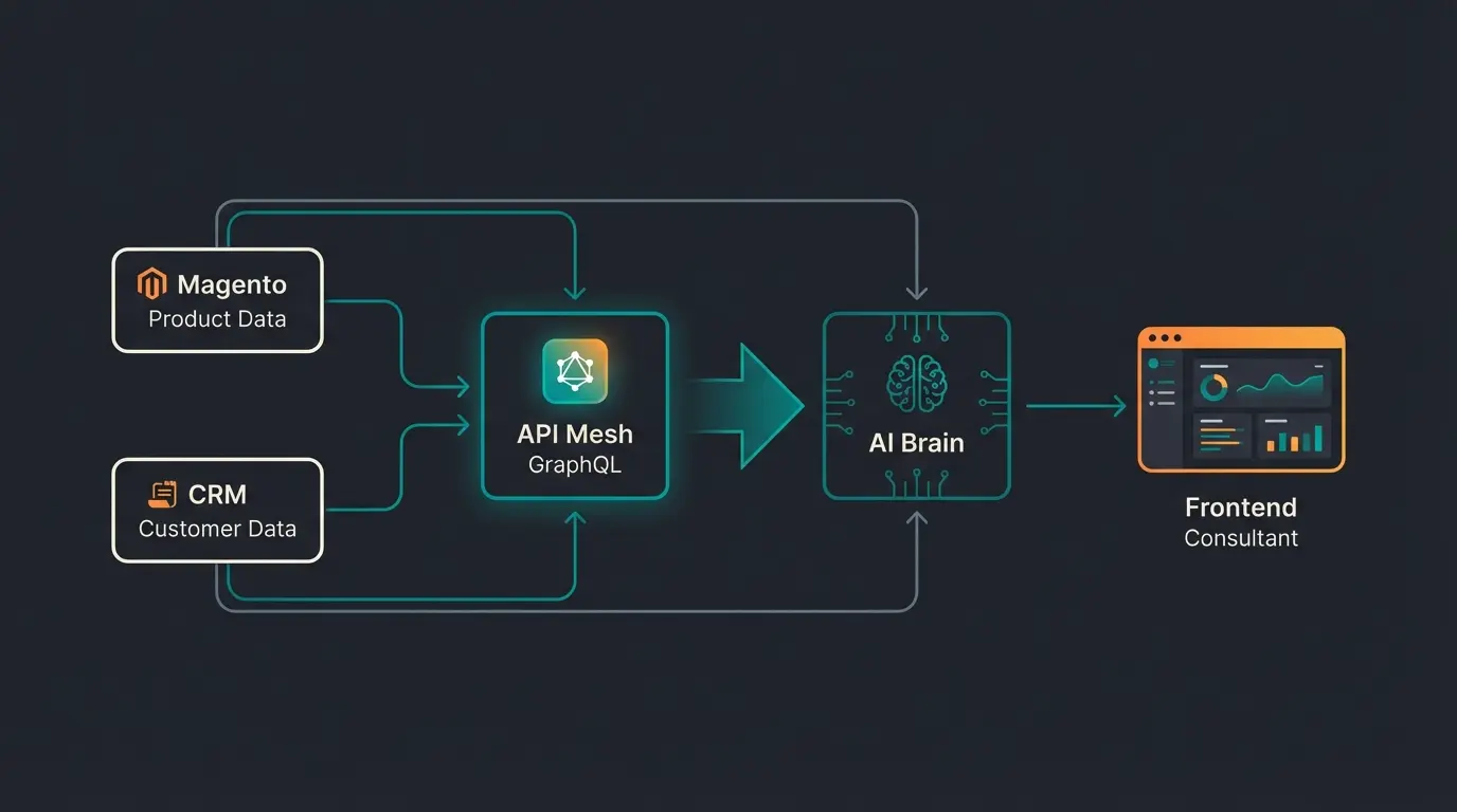 Data flow architecture diagram showing Magento and CRM connecting through API Mesh to AI engine and frontend