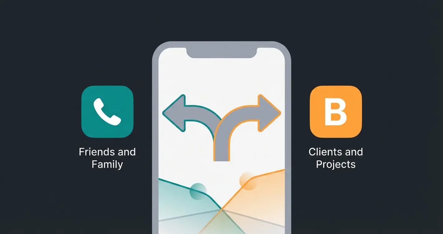 Infografik: Dual-WhatsApp-Architektur mit zwei App-Icons auf einem Smartphone für private und geschäftliche Nutzung