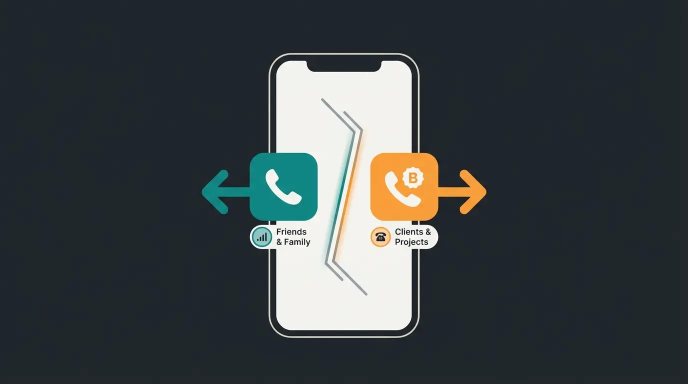 Dual WhatsApp architecture showing smartphone with two app icons for personal and business communication