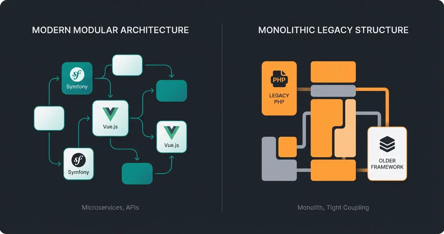 Technology stack comparison between Shopware 6 and OXID eShop showing modern vs legacy architecture