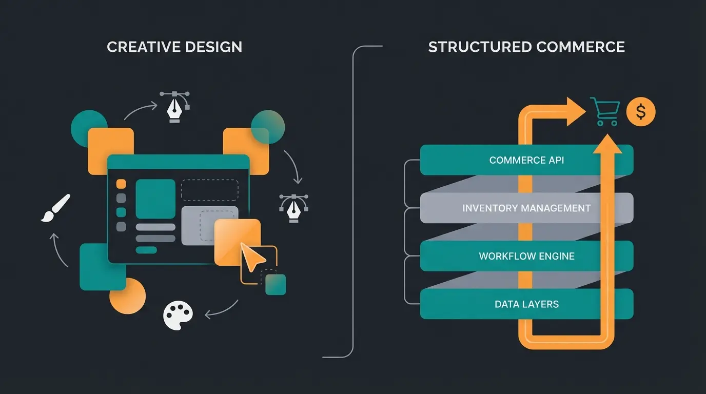 Comparison diagram showing Wix as creative builder versus Shopify as commerce engine architecture