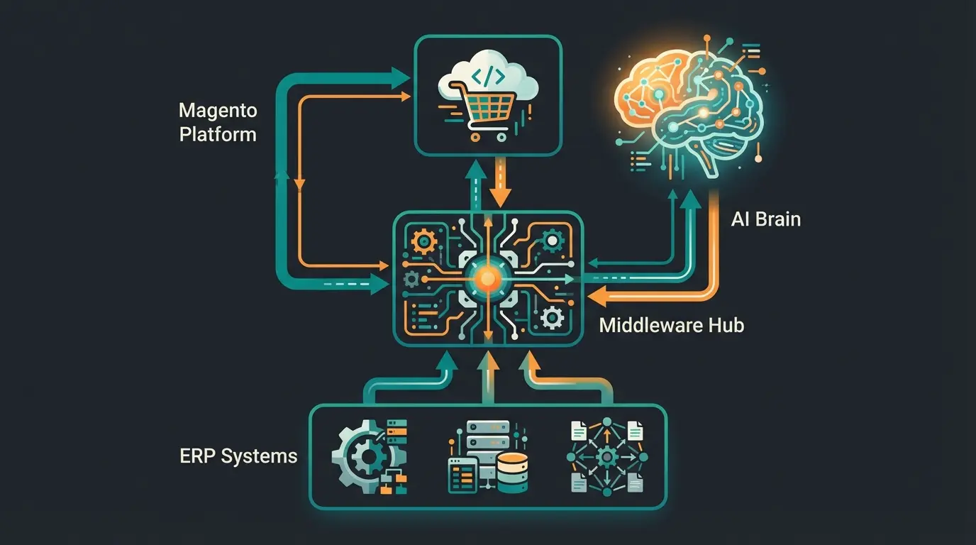Tech stack diagram showing ERP Magento and AI layer integration paths