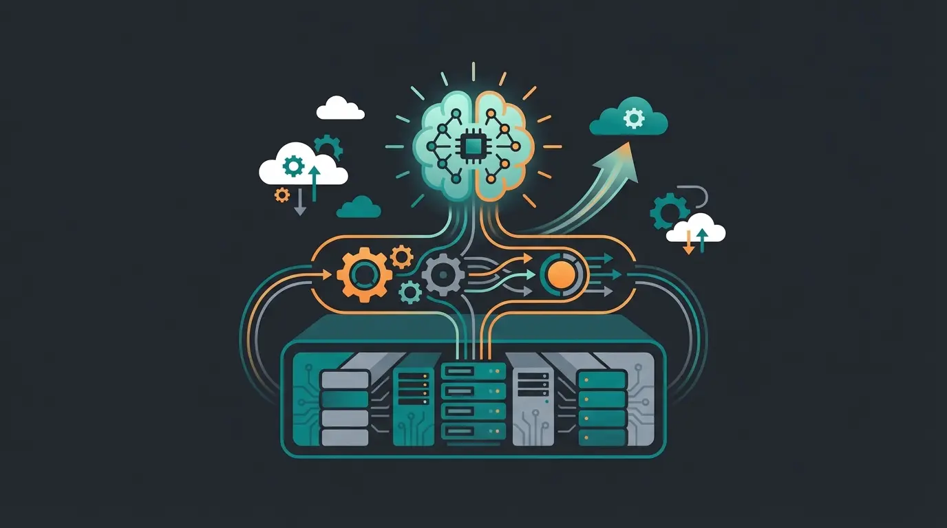 Shopware managed hosting infrastructure with AI layer visualization showing server foundation, performance stack, and intelligent AI consultation layer
