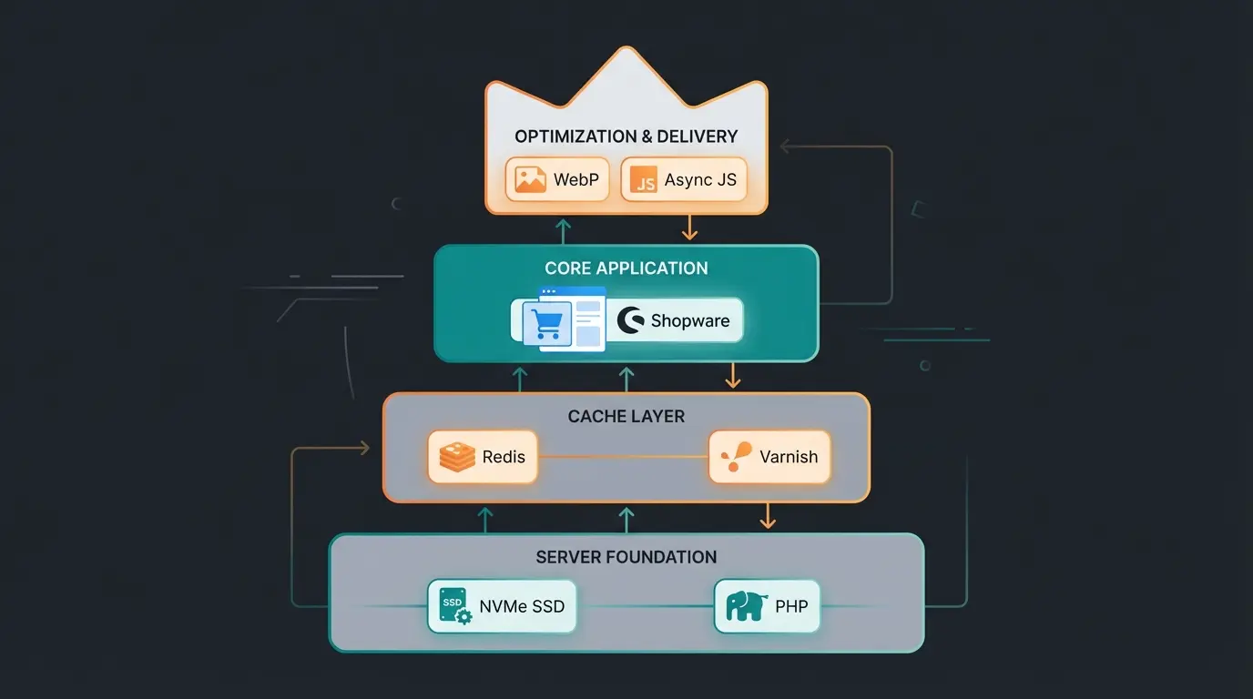 Shopware performance stack visualization showing server, caching, and frontend layers