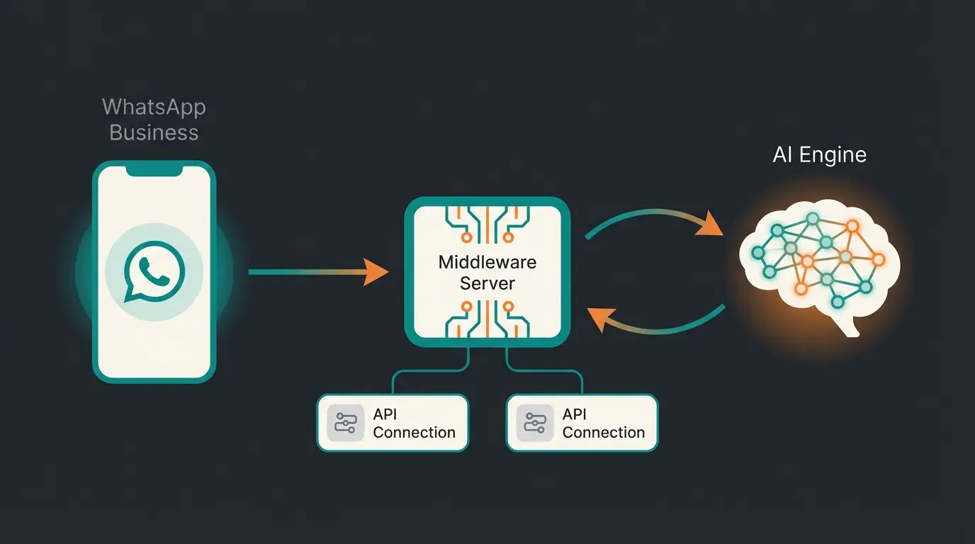 WhatsApp Business API tech stack diagram showing BSP middleware and AI integration