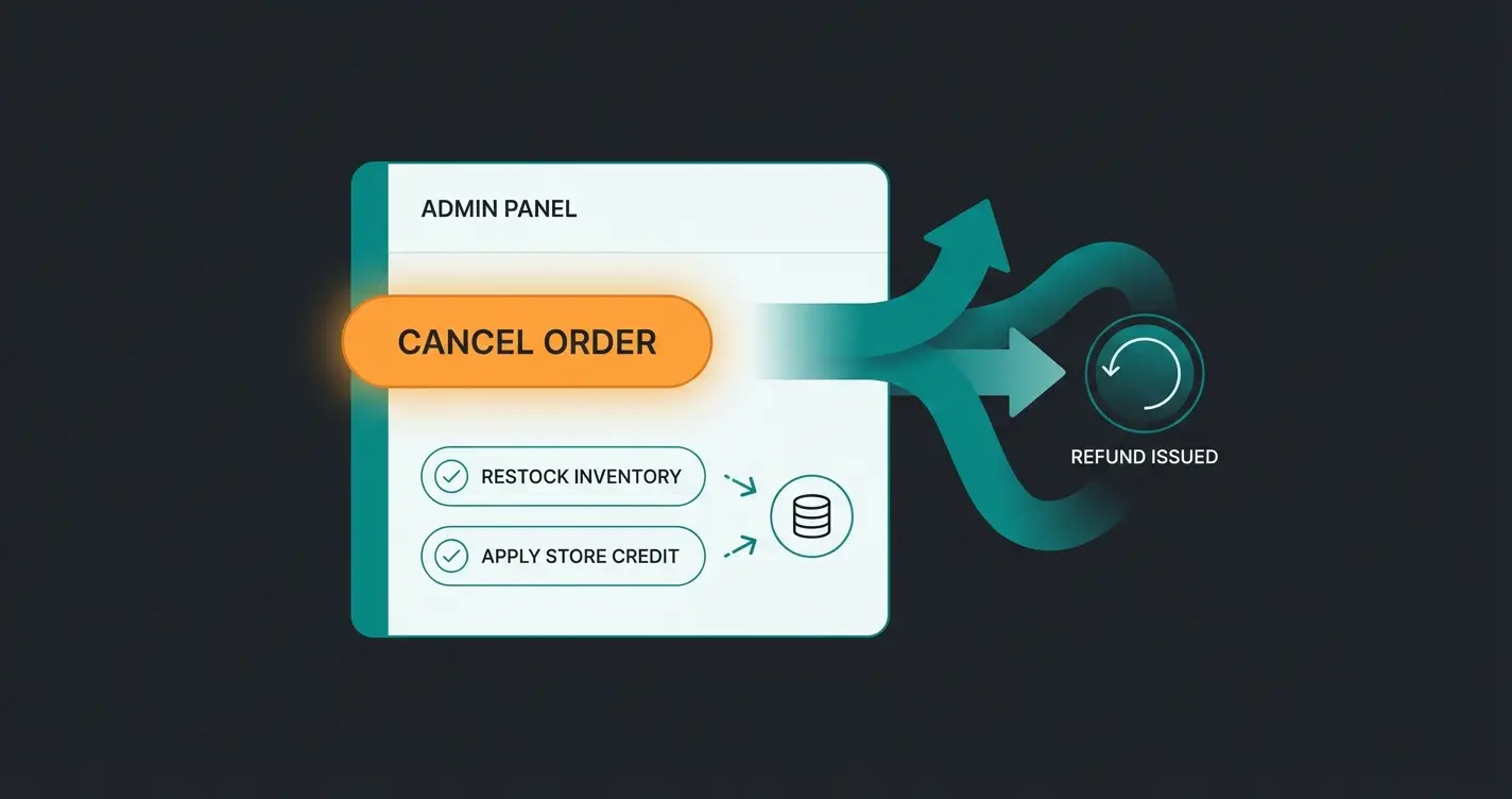 Shopify Admin-Bereich mit Stornierungsdialog und Optionen