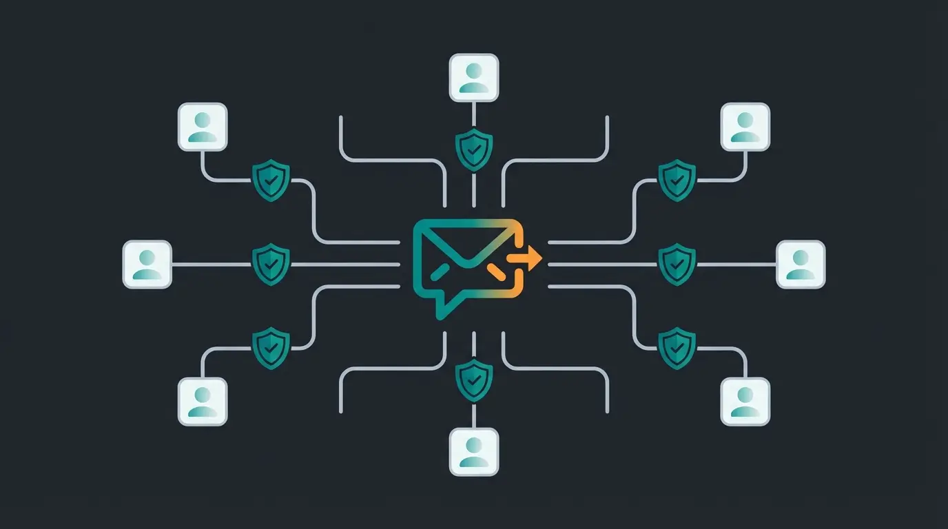 WhatsApp broadcast BCC principle showing one sender message going to multiple private recipients
