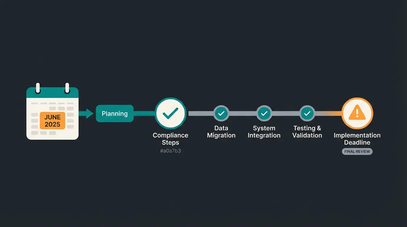Infografik zeigt Timeline zur BFSG-Umsetzung mit wichtigen Meilensteinen bis Juni 2025