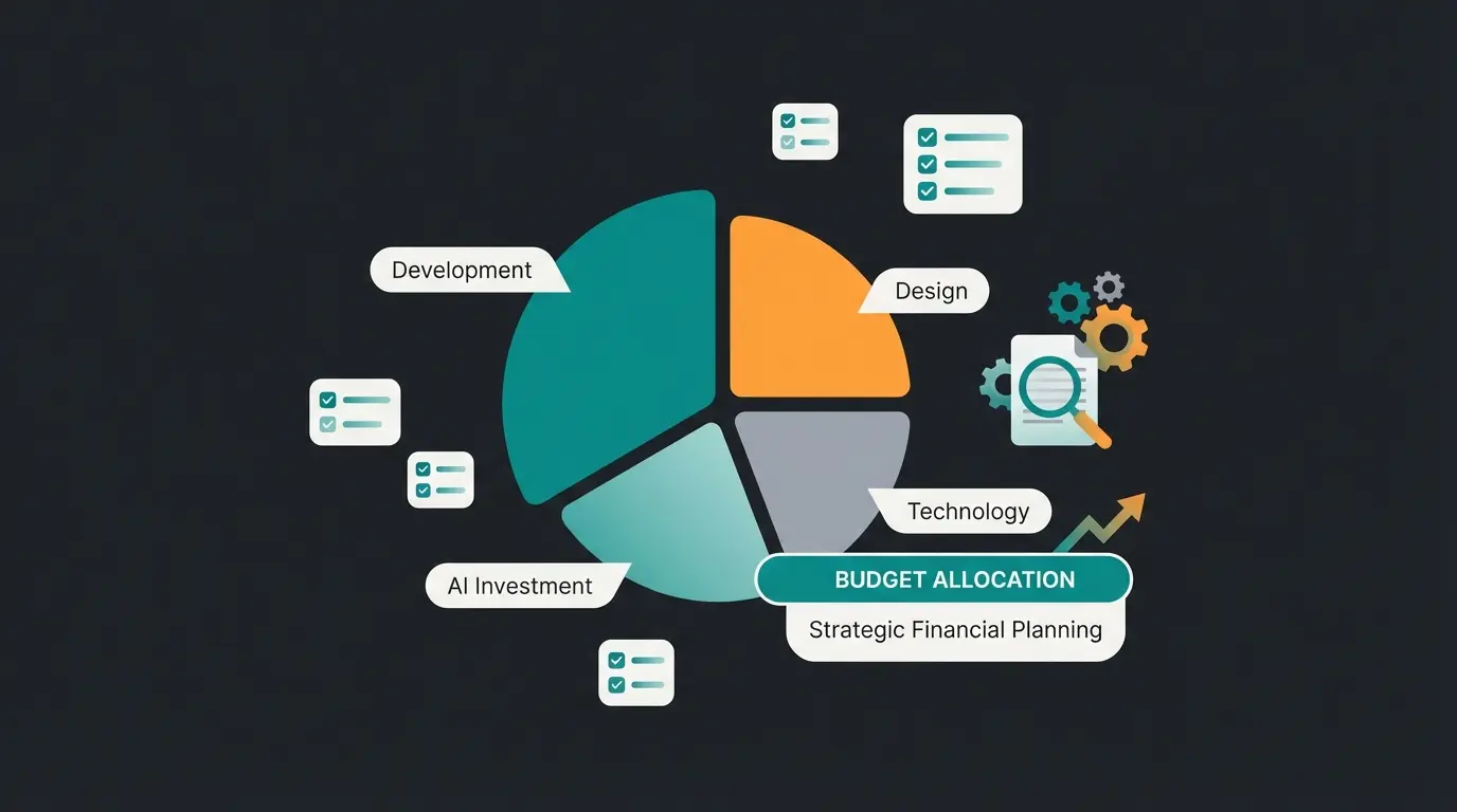 Budget allocation diagram showing smart distribution between development, technology, and AI investment