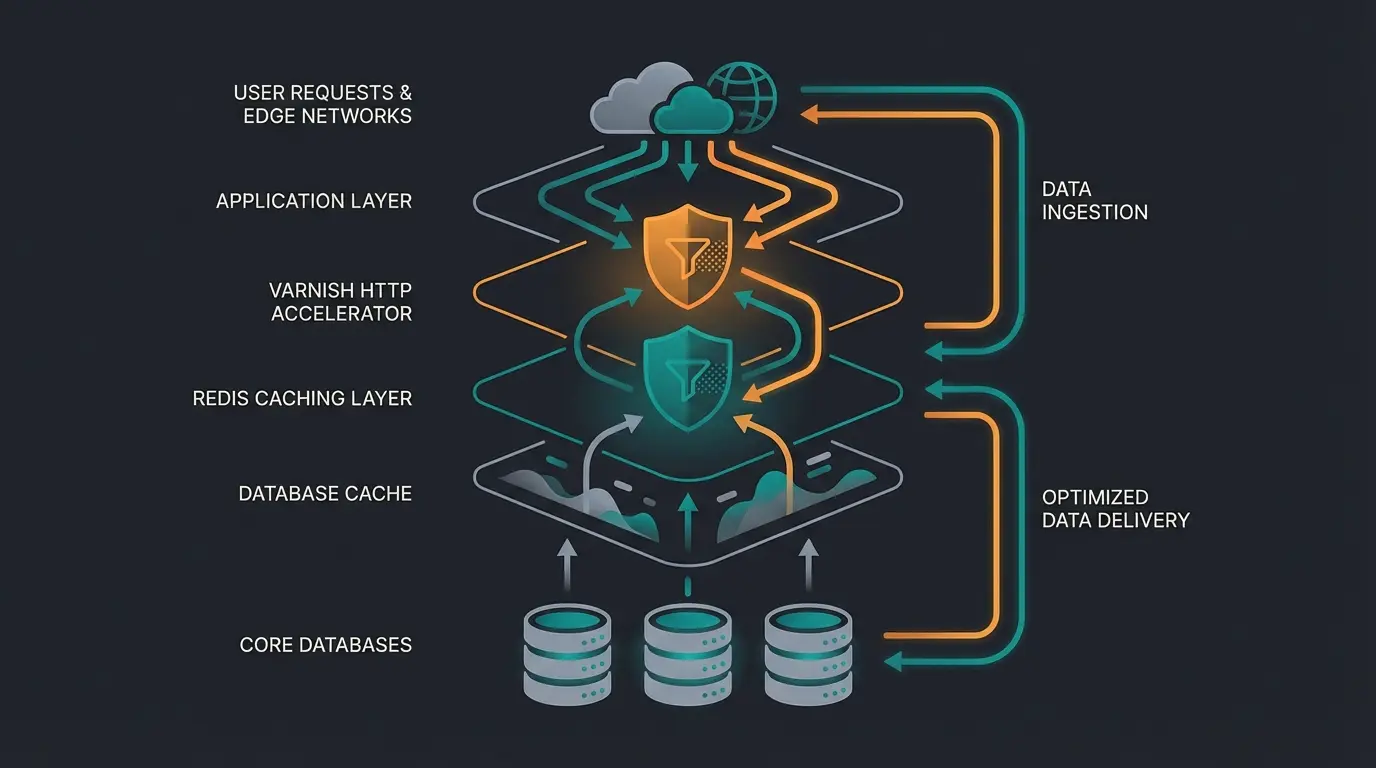 Server caching architecture showing Varnish and Redis layers in Shopware infrastructure