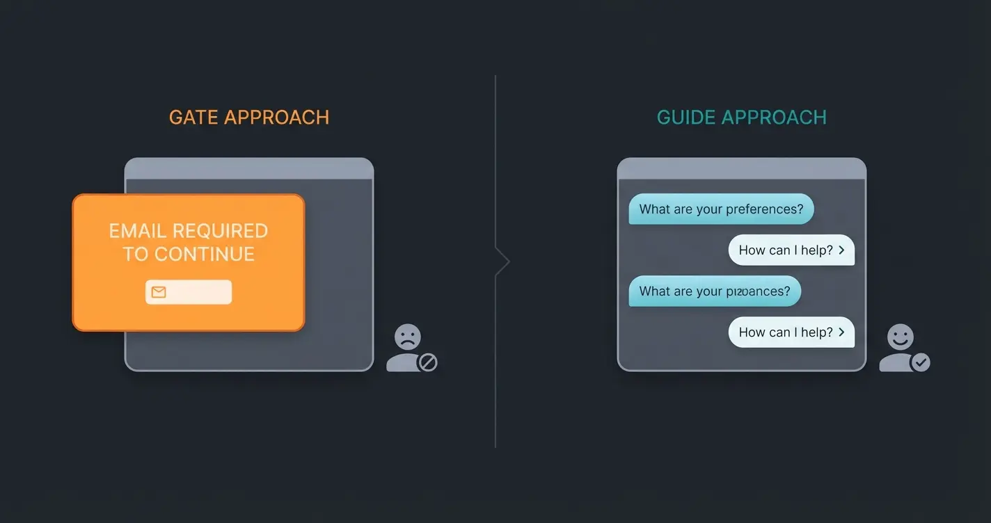 Comparison between bad bot asking for email versus good consultant bot asking about customer needs