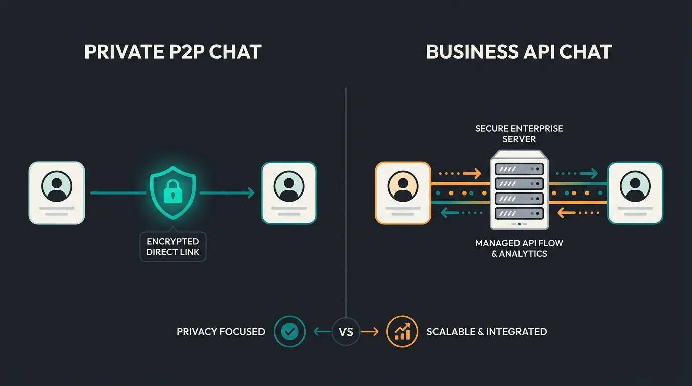 Comparison diagram showing P2P chat privacy versus business API communication flow