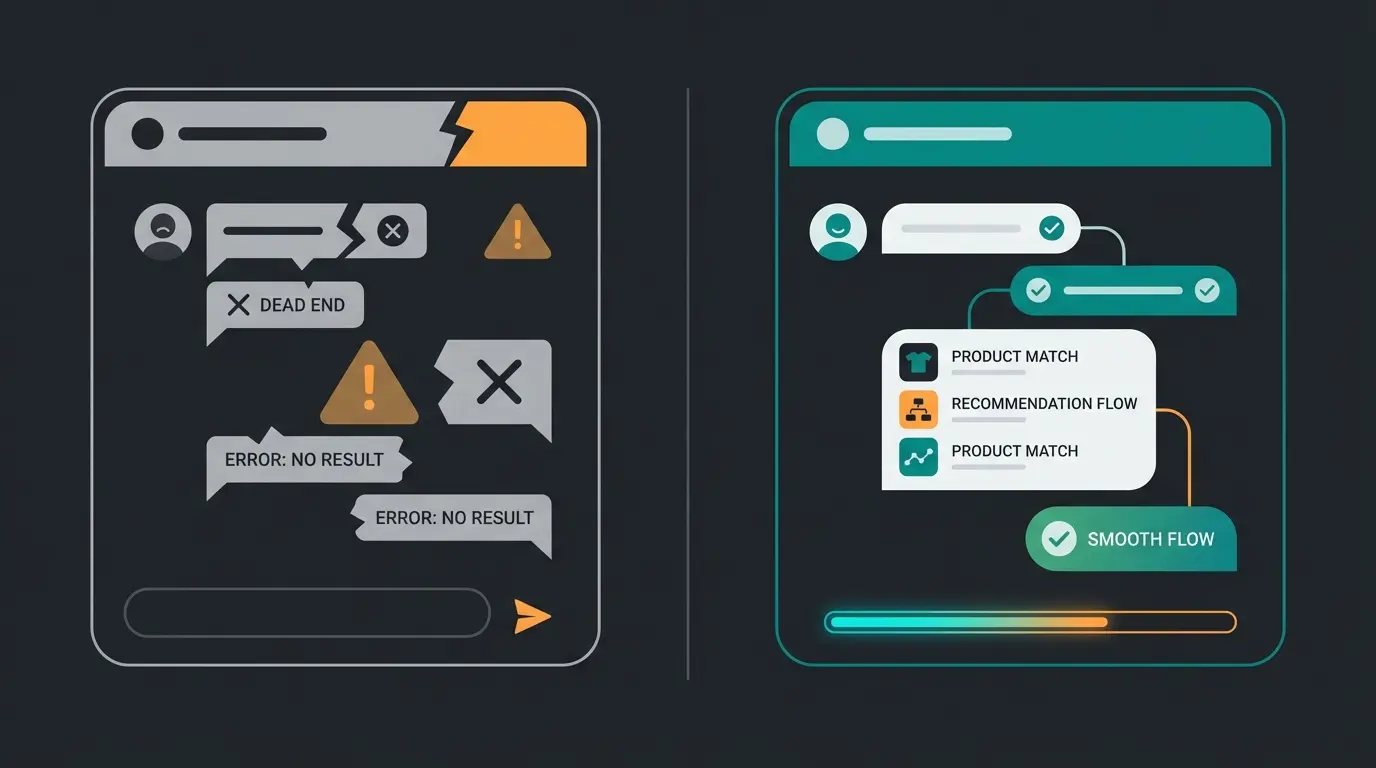 Comparison of traditional chatbot conversation failing versus AI employee successfully handling complex product question