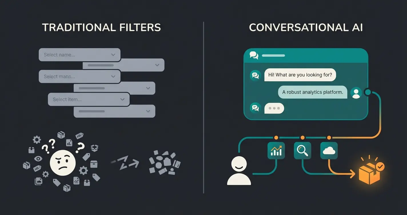 Visual comparison between static filter-based shopping and AI-guided product consultation