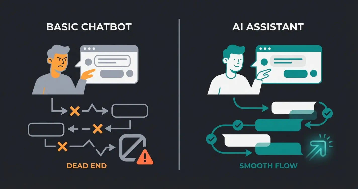 Traditional chatbot dead end vs AI consultation flow comparison