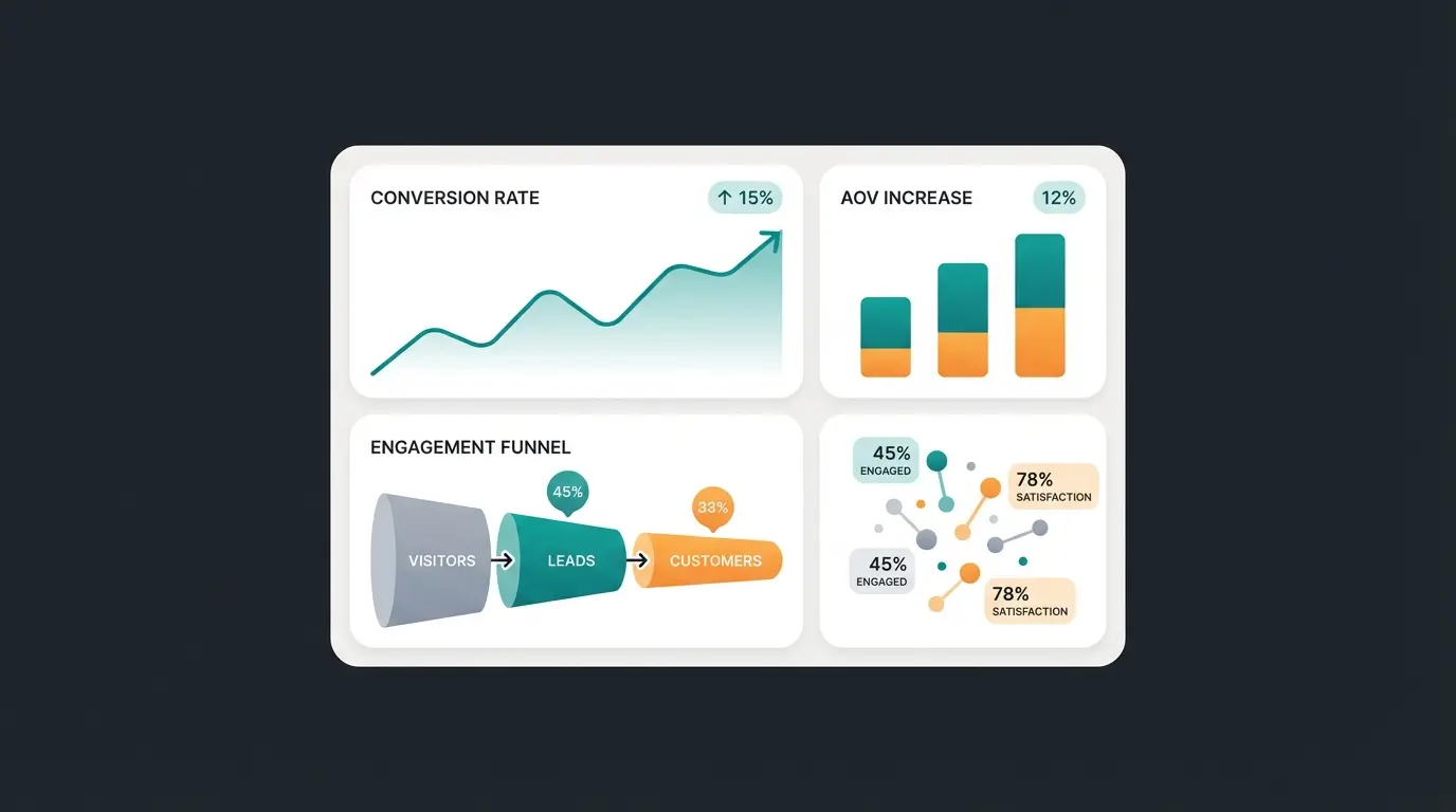Dashboard mit KPIs für KI Chatbot Produktberatung zeigt Conversion Rate und AOV