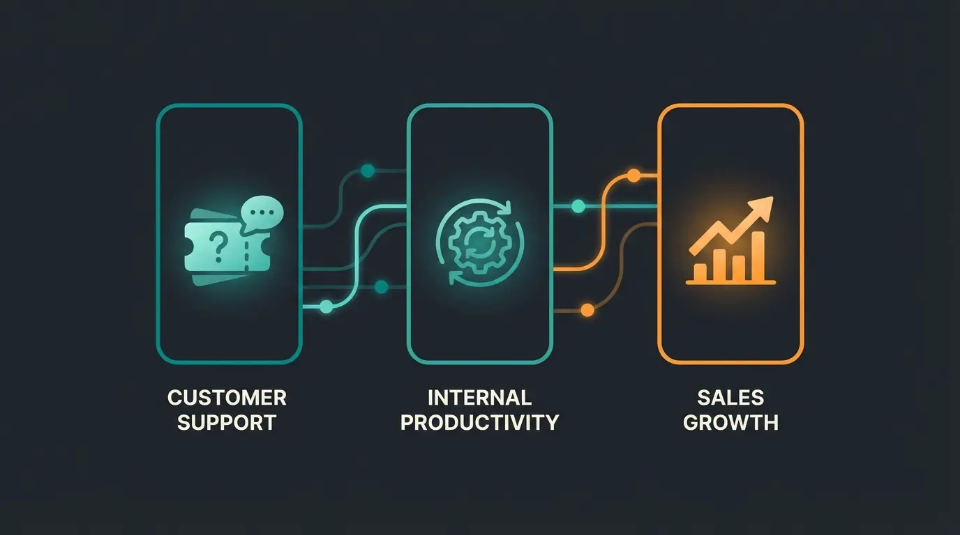 Vergleich der AI Chatbot Kategorien Support versus Sales versus Intern