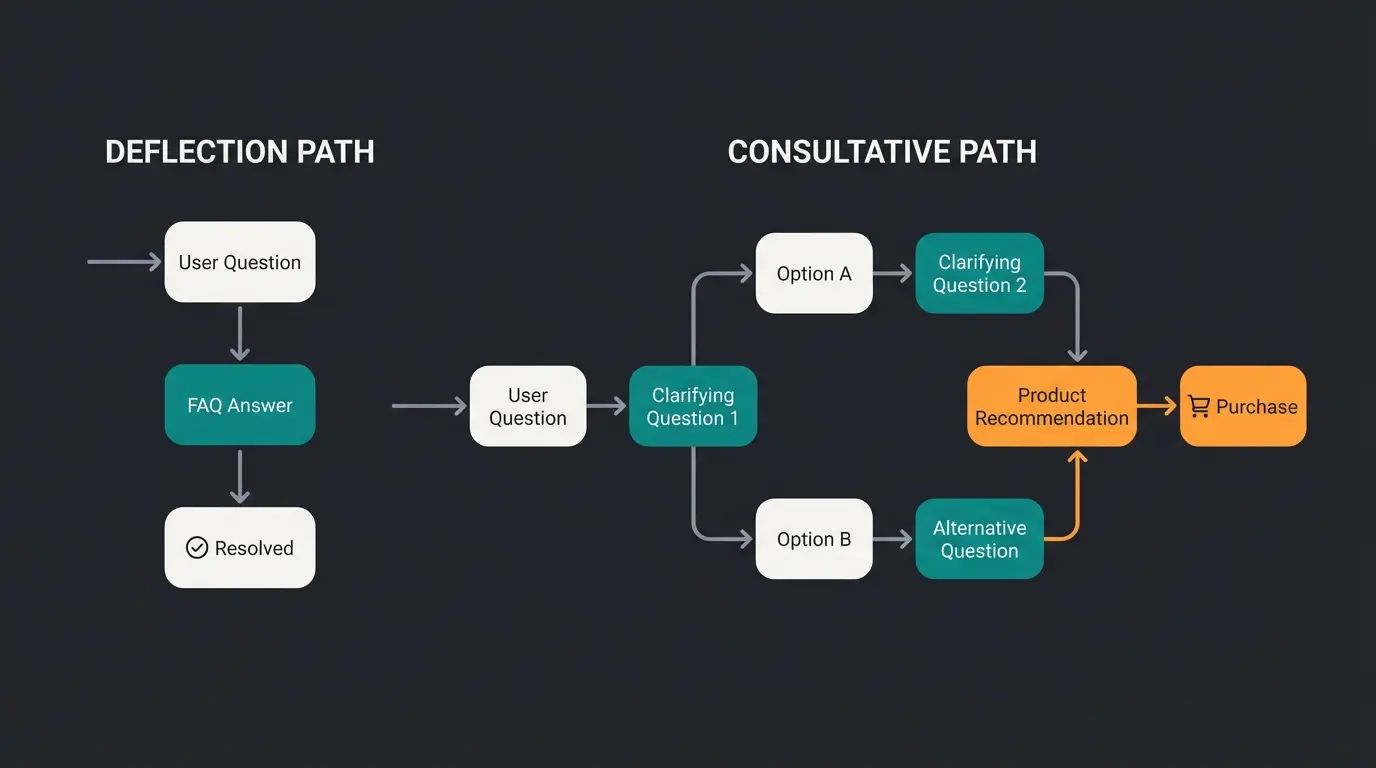 Diagram showing the difference between deflection AI and consultative AI conversation flows