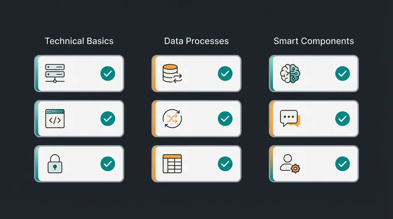 Checklist visualization for modern Shopware project requirements showing technical, data, and smart components