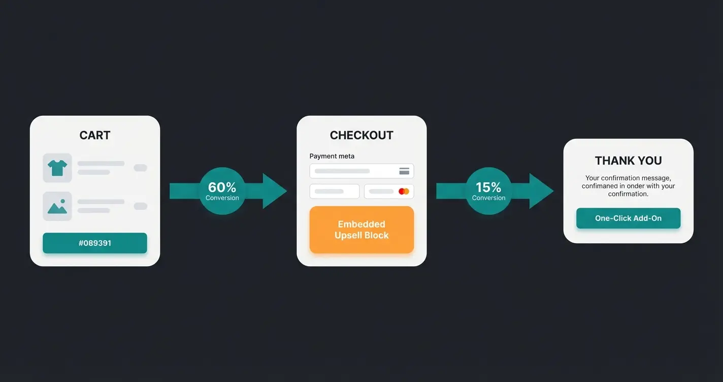 Visualization of checkout extensibility showing pre-purchase and post-purchase upsell opportunities