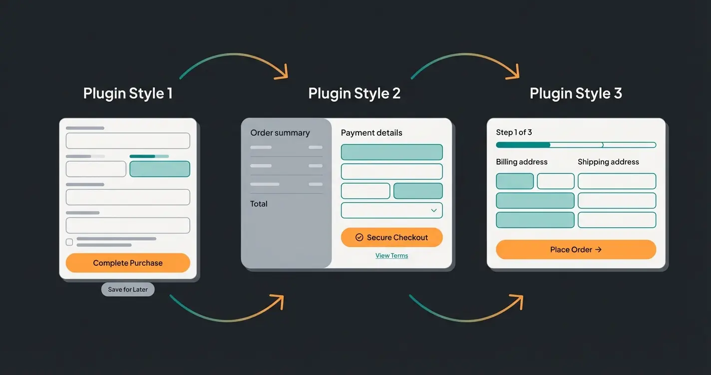 Comparison of different WooCommerce checkout plugin interfaces showing various layouts